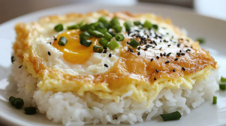 A delectable rice bowl topped with a fried egg, garnished with green onion and sesame seeds, perfect for breakfast, lunch, or dinner.の素材