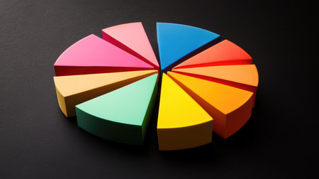 Vibrant paper segments arranged on a dark surface showcase creativity and modern design, ideal for business and educational presentations or artistic projects.の素材