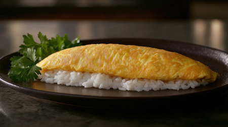 A tempting omelette served on a bed of fluffy rice, garnished with fresh herbs. Perfect for showcasing delicious Asian cuisine and comfort food.の素材