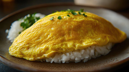 A vibrant yellow omelet served over a bed of fluffy rice, garnished with fresh herbs. Perfect for a comforting meal any time of day.の素材