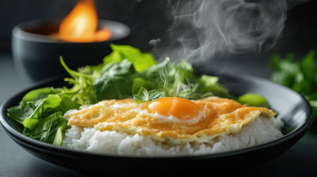 A steaming plate of rice topped with a golden fried egg and fresh greens. Perfect for a healthy meal or breakfast option, showcasing vibrant colors.の素材