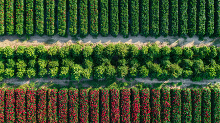 Stunning aerial view captures a colorful arrangement of flower fields and lush greenery. The vibrant landscape showcases the beauty of nature and agricultural patterns.の素材
