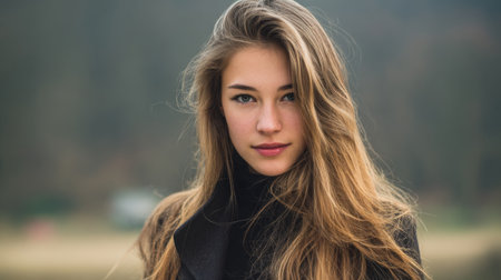 A captivating portrait of a young woman outdoors with long, flowing hair. Her serene expression and soft light create an atmosphere of beauty and tranquility.の素材