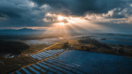 Captivating aerial view showcasing expansive agricultural fields under a dramatic sky. Rays of light pierce through dark clouds, illuminating the landscape at sunset.の素材