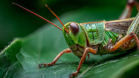 This macro image showcases a vibrant green grasshopper resting on a leaf, emphasizing its intricate details, texture, and sharp features in a natural environment.の素材