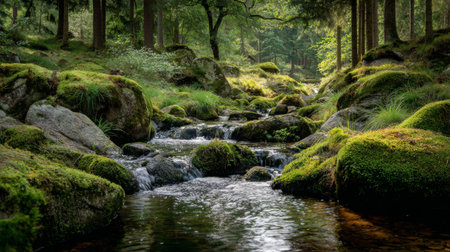 A peaceful forest stream flows gently through mossy rocks and lush greenery, showcasing the beauty of nature in a serene and tranquil environment.の素材