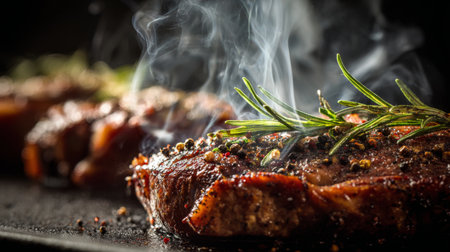 A stunning close-up of a freshly grilled steak featuring rosemary and spices, producing aromatic smoke, perfect for showcasing culinary creativity and flavor.の素材
