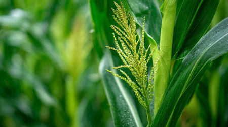A detailed close-up of a young corn plant showcasing vibrant green leaves and budding tassels, symbolizing growth and vitality in a sunlit farm field.の素材