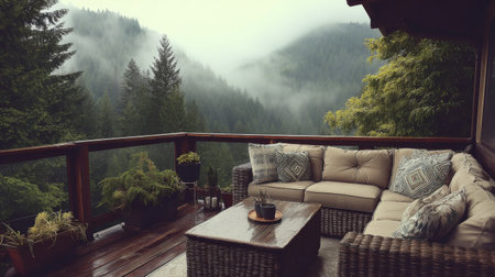 Discover a serene outdoor living space featuring plush seating and a coffee table, offering a stunning view of a misty forest and tranquil mountainscape.の素材