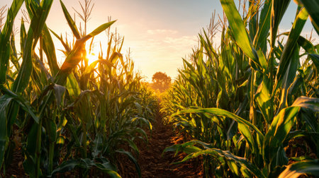 A captivating view of a cornfield at sunrise, showcasing vibrant green stalks and warm sunlight filtering through. An ideal image for agriculture and nature themes.の素材