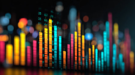 A vibrant and dynamic data visualization featuring neon bars against a blurred backdrop. This image captures the essence of modern analytics and business growth.の素材