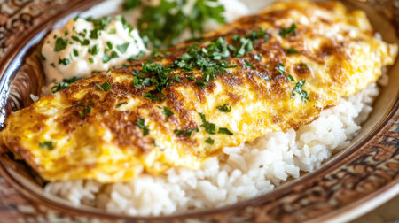A delectable omelette served on a bed of rice, garnished with fresh herbs, showcasing a delightful and appetizing meal perfect for any time of day.の素材