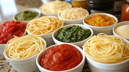 A vibrant arrangement of various pasta types and sauces showcases a colorful spread ideal for meal preparation, cooking inspiration, and culinary creativity.の素材