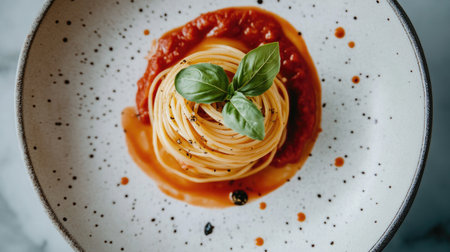 A beautifully plated pasta dish featuring spaghetti topped with fresh basil and a rich tomato sauce, perfect for culinary enthusiasts and food lovers.の素材