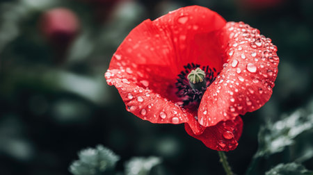 A stunning close-up of a vibrant red poppy flower adorned with sparkling water droplets, showcasing the beauty of nature and freshness in a tranquil setting.の素材