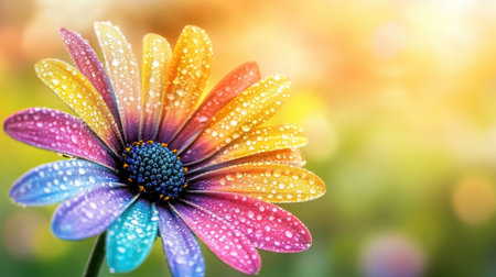 A vibrant flower displays a spectrum of colors, covered in dew drops, set against a soft, golden background that enhances its beauty. Perfect for nature themes.の素材