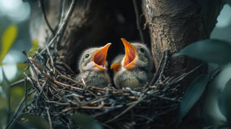 Two adorable bird chicks with open beaks sit in a nature nest, surrounded by twigs and leaves, representing new life and a nurturing environment.の素材