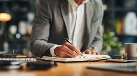 A focused man in a suit writes notes in a modern office setting, surrounded by stylish decor and desk items, capturing a moment of productivity and professionalism.の素材