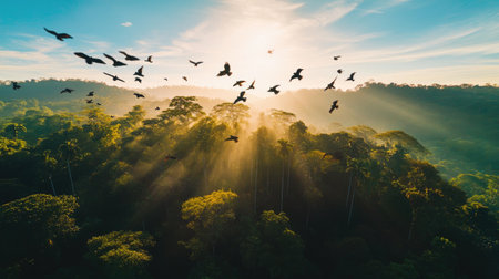 A beautiful sunrise illuminates a lush forest scene with flying birds, showcasing the tranquil beauty of nature and the vibrant colors of the landscape.の素材