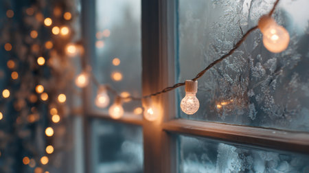 A beautiful display of warm lights shining through a frosted window on a cold winter evening, enhancing the cozy and inviting vibe, perfect for festive settings.の素材