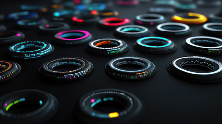 A striking array of colorful circular dashboard elements set against a dark background, showcasing modern design and technology visuals.の素材