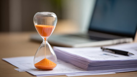 An hourglass timer filled with orange sand sits on a desk beside a laptop and documents, symbolizing the importance of time management and productivity in a professional environment.の素材