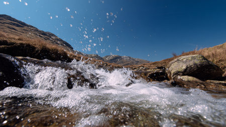 A vibrant stream cascades over rocks, creating captivating splashes. The serene landscape is embraced by rolling hills under a brilliant blue sky. Nature's beauty shines.の素材