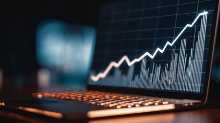 A sleek laptop shows an upward trending stock market graph, symbolizing financial growth and success. The modern design complements the digital workspace aesthetic.の素材