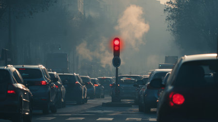 A busy urban traffic scene captures vehicles halted at a red light amidst smog and pollution during sunset. This image reflects urban commuting and environmental challenges.の素材
