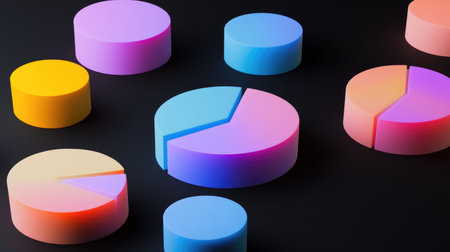 A collection of colorful geometric shapes including pie charts and circles on a dark background, showcasing modern design and creative aesthetics.の素材