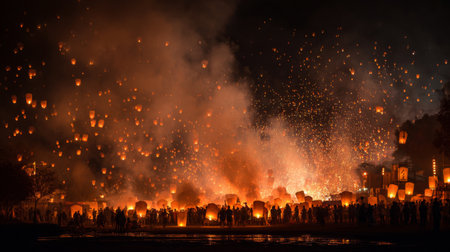 A breathtaking display of floating lanterns lights up the night sky, accompanied by vibrant fireworks, creating an enchanting atmosphere for the gathered crowd.の素材