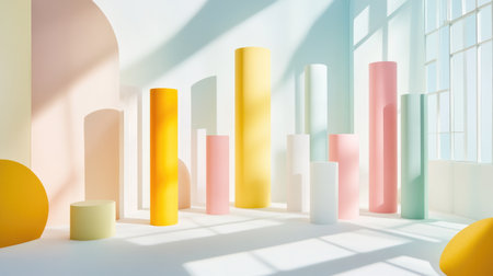 A vibrant and colorful arrangement of abstract shapes in a modern interior space, showcasing playful pastel tones and sculptural forms bathed in sunlight.の素材
