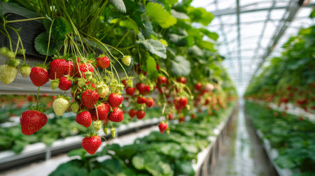 Lush indoor greenhouse featuring ripe and unripe strawberries hanging from plants. The vibrant display of colors highlights the essence of fresh agriculture.の素材