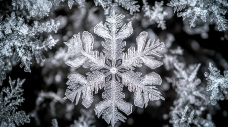 A stunning close-up of a unique ice crystal highlighting the intricate geometry and delicate textures of snowflakes against a dark background.の素材