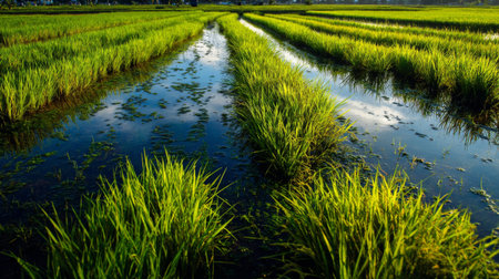 Experience the beauty of a lush rice field, where vibrant green plants thrive in shimmering water, reflecting a serene rural landscape under a bright blue sky.の素材
