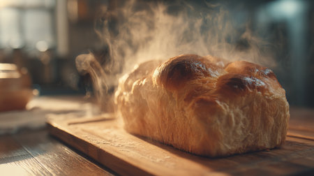 A freshly baked loaf of bread sits on a wooden board, with steam rising gently, evoking warmth and comfort. The soft texture and golden crust create a delightful culinary scene.の素材