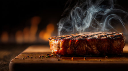 A sumptuous grilled steak sits on a wooden cutting board with wisps of smoke rising, capturing a mouthwatering essence ideal for culinary enthusiasts and foodies.の素材
