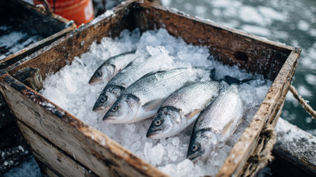 A rustic wooden box filled with fresh fish on ice, perfect for culinary uses. This image captures the essence of quality seafood and the natural beauty of marine catches.の素材
