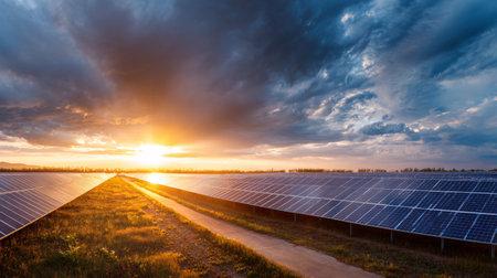 Captivating view of a solar panel farm at sunrise, showcasing the harmony between technology and nature. The dramatic sky reflects the promise of renewable energy.の素材
