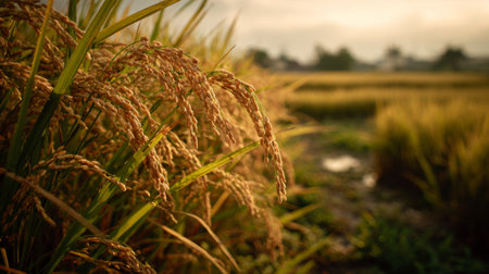 Explore the serene beauty of golden rice fields during sunset, highlighting the rich textures of stalks illuminated by warm sunlight, creating a peaceful rural atmosphere.の素材