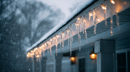 A beautiful winter evening showcases a cozy house adorned with festive lights and icicles hanging from the roof, emphasizing a serene snowy atmosphere.の素材