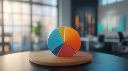 A vibrant pie chart placed on a wooden table in a modern office during daylight. This image symbolizes data analysis and business creativity.の素材