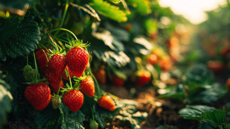 A stunning view of vibrant ripe strawberries hanging from green plants on a sunny farm, evoking the essence of natural agriculture and healthy living.の素材