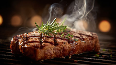 A succulent grilled steak garnished with fresh herbs, releasing steam above a charcoal grill. The inviting aroma and sizzle evoke a gourmet dining experience.の素材
