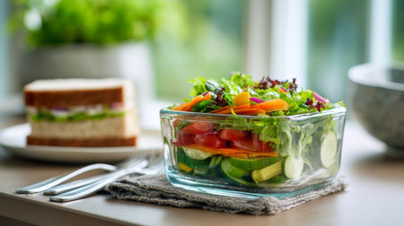A vibrant salad filled with fresh greens and colorful vegetables is displayed in a glass bowl beside a sandwich on a wooden table, illuminated by natural light.の素材