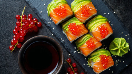 This vibrant sushi platter presents fresh salmon rolls topped with creamy avocado and inviting roe, served with wasabi and soy sauce, perfect for any dining occasion.の素材