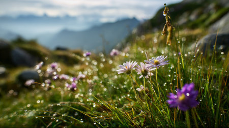 A stunning scene capturing colorful wildflowers adorned with dewdrops in a tranquil meadow, surrounded by misty mountains under soft morning light.の素材