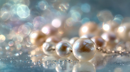 Capture the essence of elegance with this close-up shot of pearls resting on a reflective surface. The dreamy bokeh background adds a magical touch.の素材