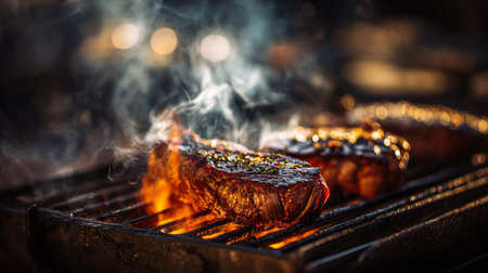 Savor the sight of perfectly grilled steaks sizzling over an open flame, enveloped in aromatic smoke, ideal for showcasing barbecuing skills and outdoor feasts.の素材