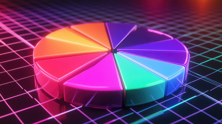 A vibrant pie chart visualizing data with a neon glow, set against a futuristic grid background. Perfect for technology and business presentations.の素材